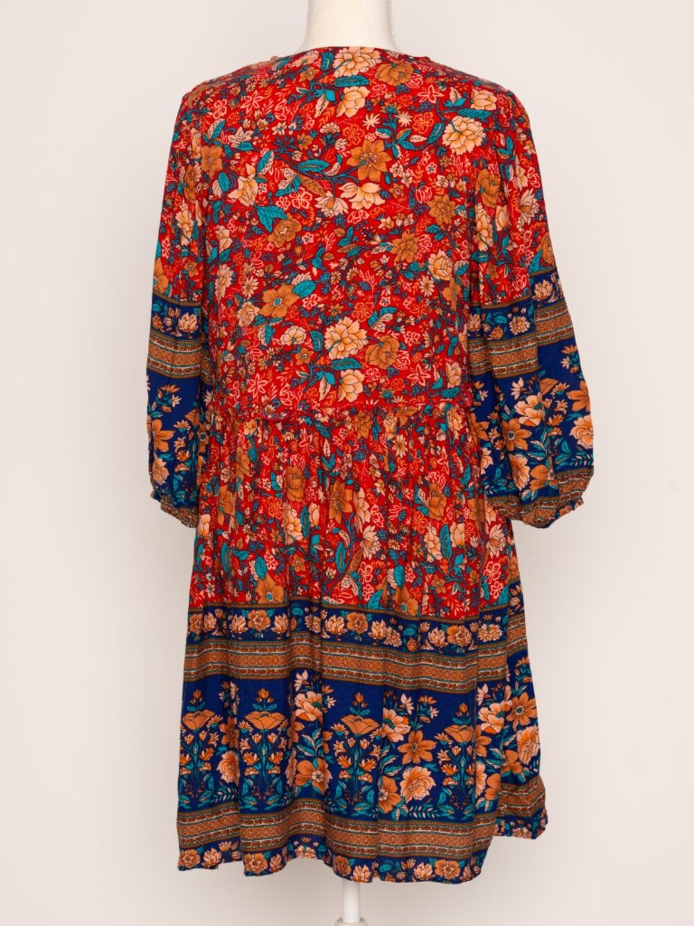 Boho Peasant Floral Mixed Pattern V-Neck Babydoll Mini Dress NWT Small Red Blue - Picture 6 of 12